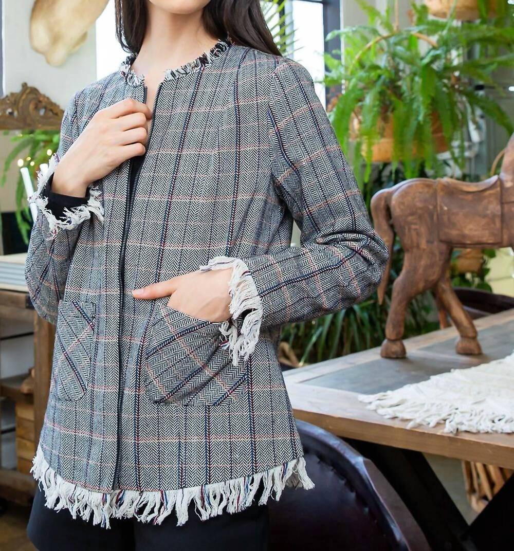 NEW THML plaid fringe jacket in grey